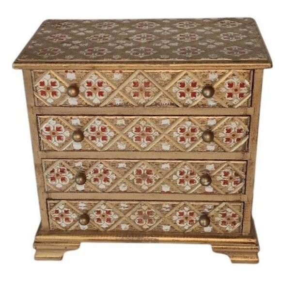 Vintage MELE Jewel Case Red & Gold Gilt Wood Jewelry Box Florentine Style Japan - Picture 1 of 13